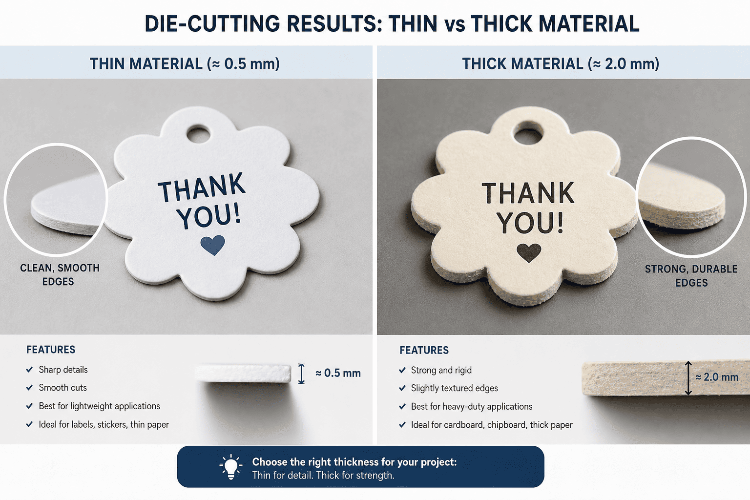 Comparing thin and thick material die-cutting results